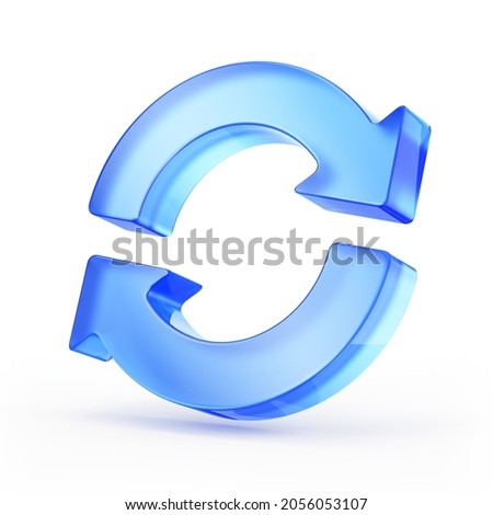 Two arrows icon - update symbol. 3d blue glass update, refresh icon - 3d rendering
