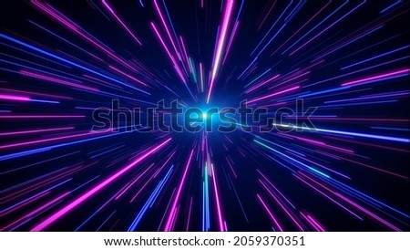 Hyperjump in space. Multicolored glowing neon rays. High speed tunnel motion zooming in. 3d rendering
