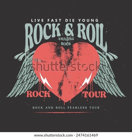 Rock and roll tour t shirt print design. Rockstar vector artwork. Eagle wing graphic illustration.Music poster. Heart rock and roll vector design for t-shirt. Love rock tour artwork.