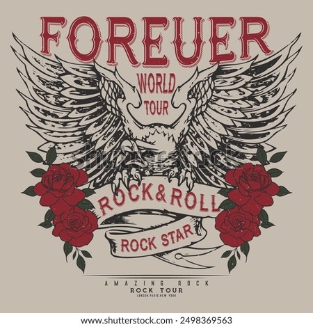 Rock star. Eagle and flower rebel rock tour graphic print design. Make some noise rock and roll artwork design. boys and girls vector t shirt design. poster artwork for apparel, poster, background