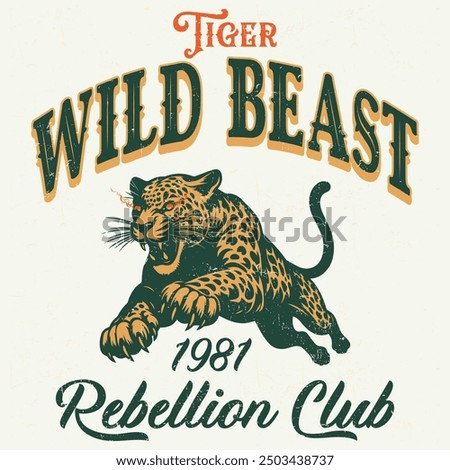 wild beast slogan with tiger, vector illustration for t-shirt. Tiger face artwork. Wild animal graphic print design for apparel, stickers, posters, background, Rock tour print. Rebel rock vector print