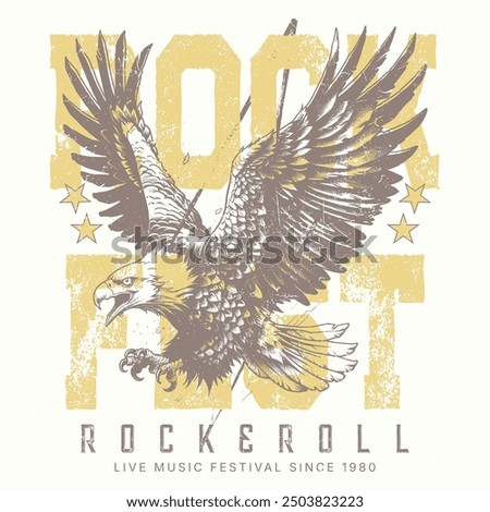 Rock fest Eagle Rock and Roll Music festival poster. Music world tour artwork.  Rockstar vector artwork, Wild and free, Rock and roll vector t-shirt design. Fire with eagle artwork.