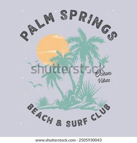 California surf t shirt print. Summer good vibes. Paradise Print t shirt graphics design, typography slogan on palm trees background. Beach summer time vintage print design artwork. Pam tree.