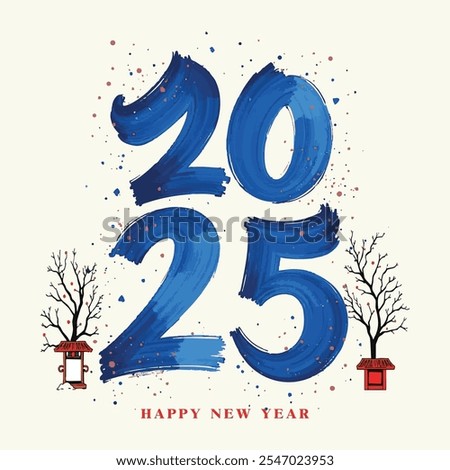 Happy New Year 2025 with calligraphy and brush-painted text effects. Happy New Year 2025 typography text, Vector blue logo illustration, greeting card or banner design, handwriting, brush, watercolor