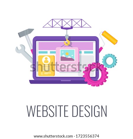 Website design icon. Construction crane puts blocks of information on a site. Engaging site, landing page. Company webpage on the internet. Flat vector illustration.