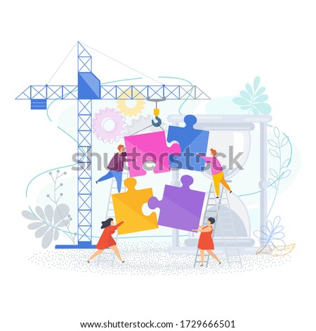 Small people connect puzzle pieces. Construction site with a tower crane. Teamwork, help and support, mutual understanding. Human Resource Management and Problem Solving. Trendy flat vector style.
