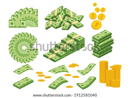 Huge packs of paper money. Bundle with cash bills. Keeping money in bank. Deposit, wealth, accumulation and inheritance. Flat vector cartoon money illustration. Objects isolated on a white background.