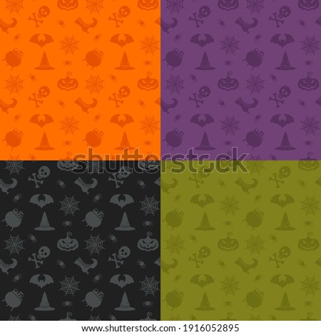 Halloween seamless patterns set. Color icons of skull, spider, web, pumpkins, cauldron. Design elements for halloween party poster. Flat cartoon illustration. Objects isolated on a white background.
