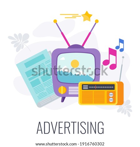 Advertising icon. TV, radio and newspaper. Outbound marketing. Traditional marketing and promotion. Flat vector cartoon illustration.