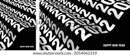 Abstract wavy lines typography 2022. Happy New Year card. Liquify Line. Smooth wavy black and white stripes. Optical illusion. Perspective, curve stripes