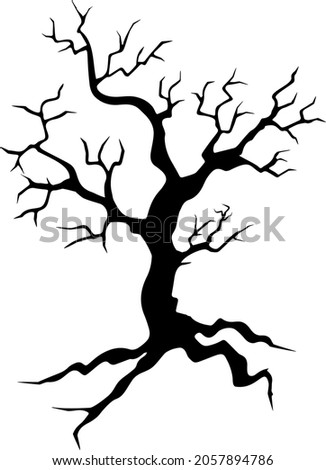 Black silhouette of a gnarled dry tree on a white background. A tree without leaves. Lifeless witchcraft gloomy tree. Halloween graveyard driftwood. Druids, goblin and witches. Vector illustration.