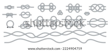 Set of rope knots. Nautical, travel and decorative loops. Twisted cord with decorative loops and nautical knots. Braided rope decor. Vintage flat cartoon vector border.