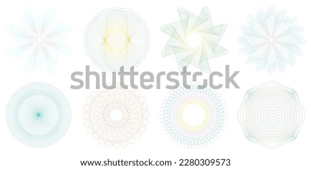 Guilloche rosette set for background certificate,diploma and money banknote. Watermark, security sign for business contracts, notarial documents. Lace contour design.