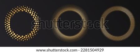 Gold Halftone round frame. Golden luxury Halftone circle logo. Dots emblem. Dotted texture border. Vector illustration isolated on white background.