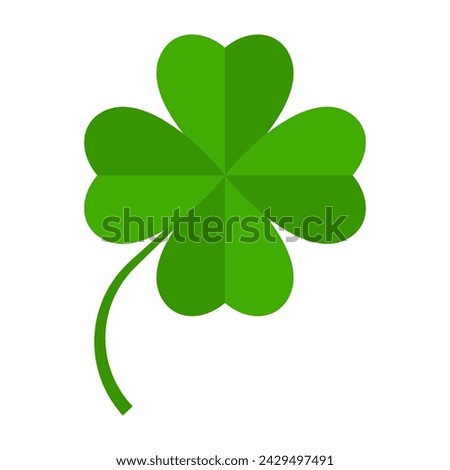 Flat shamrock icon. Clover four leaves logo. Green floral symbol. Quatrefoil sign. St Patrick Day decoration for greeting card. Irish tradition motif, ornament element. Vector illustration EPS 10.