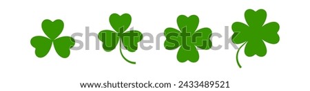 Flat shamrock icons set. Clover three and four leaves logo. Green floral symbol. St Patrick Day decoration for greeting card. Irish tradition motif, ornament element. Vector illustration EPS 10.