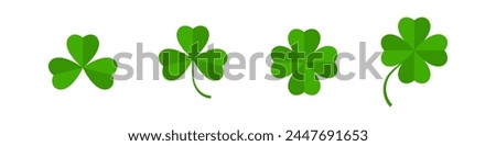 Flat shamrock icons set. Clover three and four leaves logo. Green floral symbol. St Patrick Day decoration for greeting card. Irish tradition motif, ornament element. Vector illustration EPS 10.