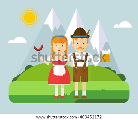 The girl and the guy in the Bavarian national costumes. Couple in the mountains on a picnic with beer and sausages. The character for Oktoberfest. Cartoon flat vector illustration. 