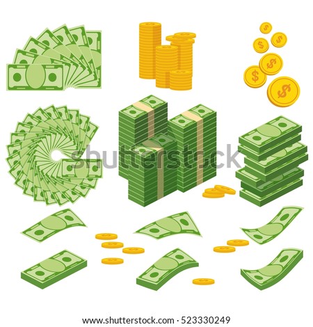 stock vector set a various kind of money packing in bundles of bank notes bills fly gold coins flat vector 523330249