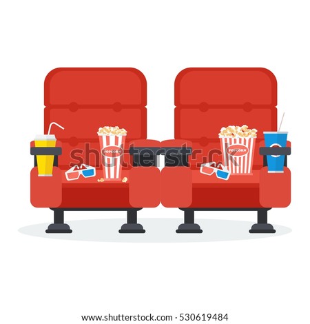 Auditorium and two red comfortable armchairs in the cinema. Drinks and popcorn, glasses for movie Flat vector cartoon Cinema seats illustration. Objects isolated on a white background.