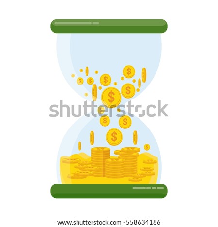 Hourglass with money. Flat vector cartoon illustration. Objects isolated on a white background.