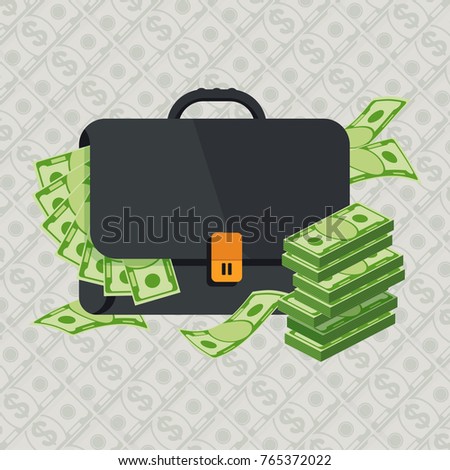 Black briefcase. Money bag icon with pile of money. Stack of coins, dollar cash in suitcase. Flat vector cartoon illustration. Objects isolated on a white background.