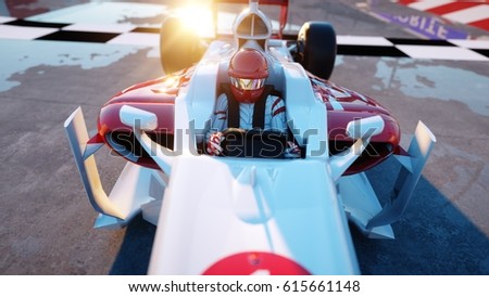 Racer of formula 1 in a racing car. Race and motivation concept. Wonderfull sunset. 3d rendering. Photo stock © 
