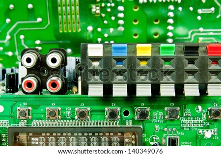 Board with chips, integrated circuits, semiconductors used in electronics