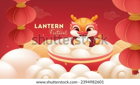 Lantern Festival background design cute dragon eating glutinous rice balls in a bowl