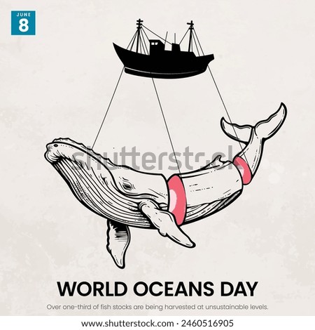 World Oceans Day design templates with whalers and whales