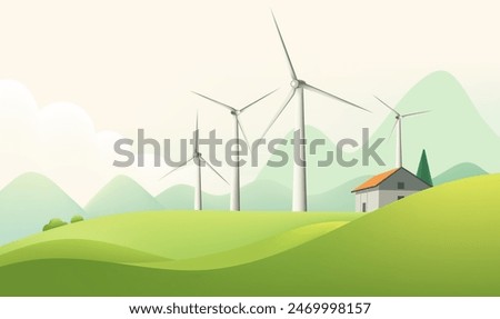 a cartoon image of a farm with wind turbines in the background.