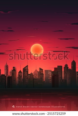 Hand painted vertical landscape illustration Halloween city red sky and moon at night