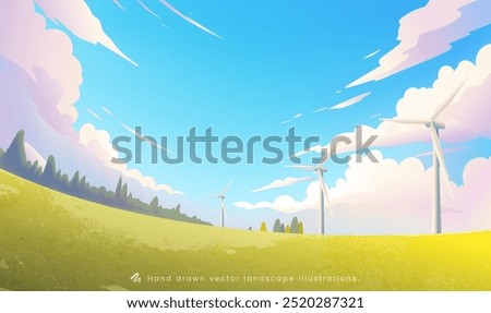 Hand painted environmental illustration Blue sky color clouds wind turbines