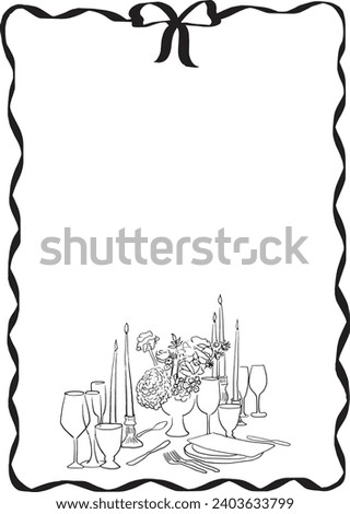 Wavy frame template with bow and illustration of table with glasses and candles. Minimalist sketch style frame. Trendy illustration for invitation, menu, celebration, or social event with white backgr