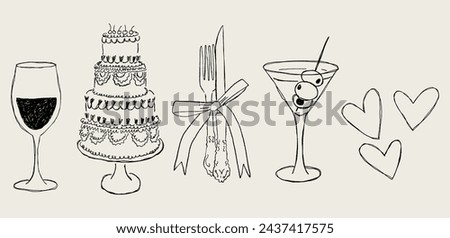 Hand drawn illustration pack. Sketch style party illustrations. Vectors of cake, wine glass, hearts and cutlery. Illustrations for wedding invitations, menus and parties