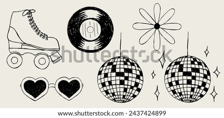 Hand drawn retro illustrations pack. Disco illustrations to design invitations, save the date, stationery, publications. Vector disco ball, skate, vinyl record.