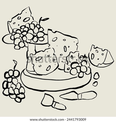 Hand drawn cheese board. Sketch of cheeses and grapes on table. Line art for invitation design, brunch, dinner party, weddings, branding, restaurant.