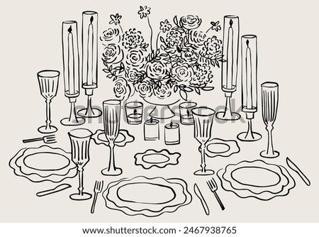 Hand drawn dinner table. Illustration for invitation, stationery or branding. Dinner icon for party invitation