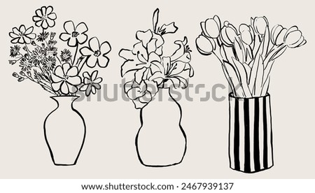 Pack of 3 hand drawn vases. Flower line art. Clip art flower arrangement in vase. Minimalist illustration.