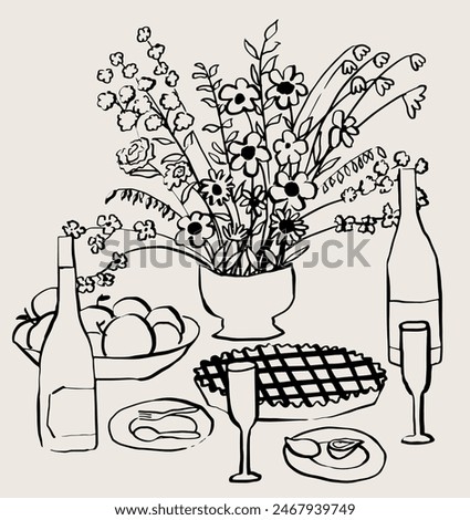 Hand drawn brunch table. Illustration for invitation, stationery or branding. Dinner icon for party invitation