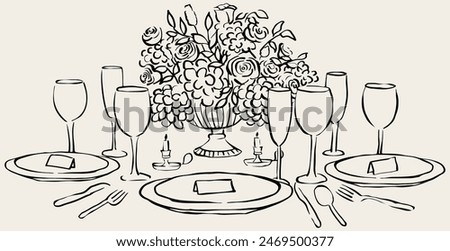 Vector illustration of tablescape with glasses and flowers. Dinner table line art. Hand drawing of table for invitation design, stationery branding, printables, social networks