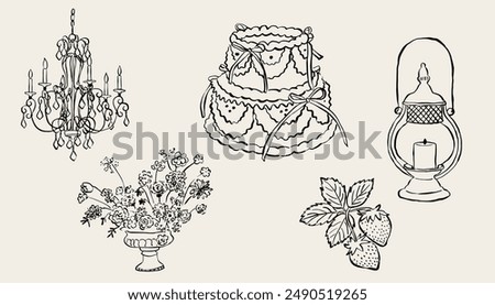 Hand drawn illustrations. Icons in vector for invitations, stationery, design. Love clipart. Illustration of candlestick, flowers, strawberry, cake, candle holder.