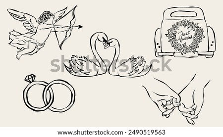 Hand drawn love illustration. Icons in vector for invitations, stationery, design. Love clipart. Illustration of cupid, swans, wedding rings