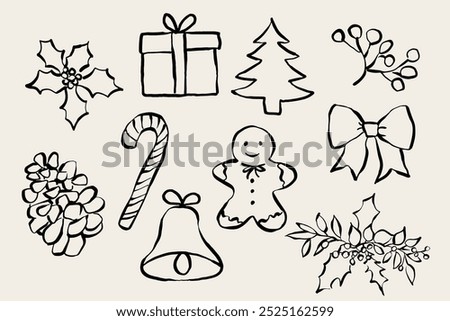 Set of hand drawn Christmas icons. Xmas illustrations for invitations, cards, decor, gifts. Vector.