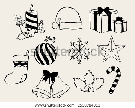 Set of hand drawn Christmas icons. Xmas illustrations for invitations, cards, decoration, gifts. Vector.