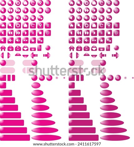 Magenta and Dark Magent web buttons and push buttons, gradient buttons, home, search, gear, email, mail, return, left, right, volume on, wolume of, wolume up, eyes, start, left and right side buttons.