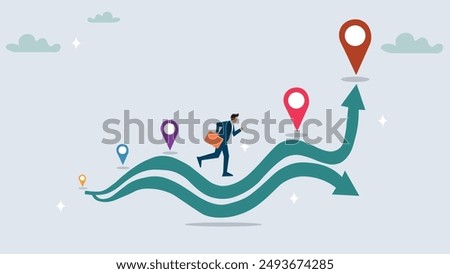 Timeline project planning, work progress milestone or step to success, plan or strategy diagram, business journey or process to reach goal concept, businessman running on project timeline milestones.