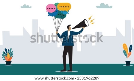 Communication or PR, Public Relations manager to communicate company information and media, announce sales or promotion concept, businessman holding speech bubble balloons while talking on megaphone.