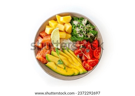 Similar – Image, Stock Photo Japans poke bowl with seafood and salad and vegan bowl with vegetables and chickpeas in sustainable food container at grey background. Eco-friendly delivery food with plastic free cutlery. Top view.