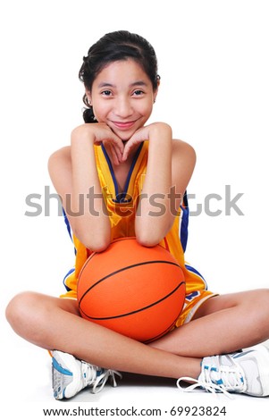 cute asian girl in basketball uniform.white background.